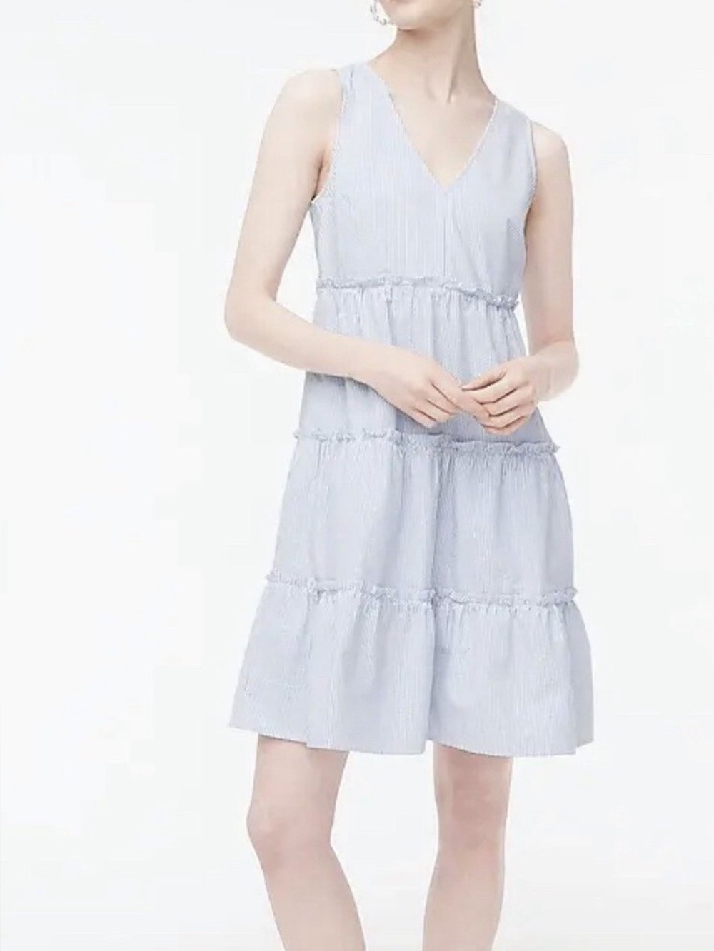 NWOT J Crew Blue and White Seersucker Tiered Ruffle Dress